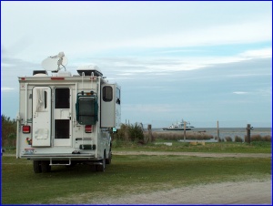 Camped on Cedar Island (note the outbound ferry)
